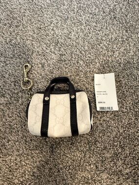 Gucci White Mini Canvas Keychain Bag with Black Trim and Silver Hardware